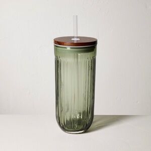 Hearth & Hand Magnolia 21oz Green Fluted Glass Tumbler with Wood Lid